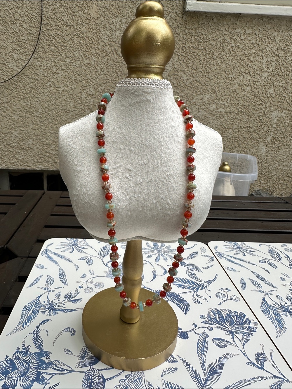 Long Red and Turquoise Beaded Necklace